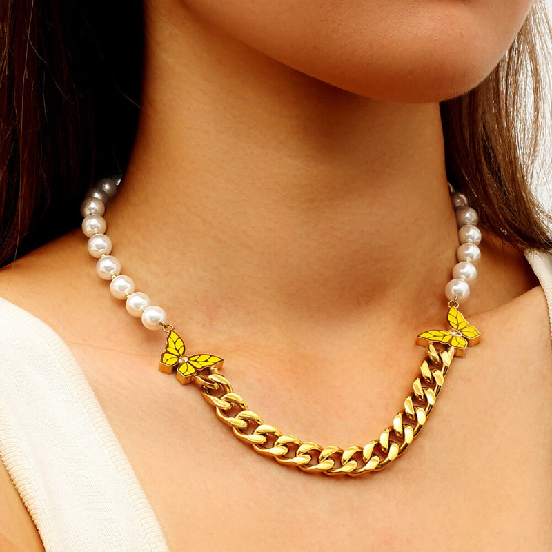 8mm 18in  Pearl Cuban Necklace with Double Butterfly for Women