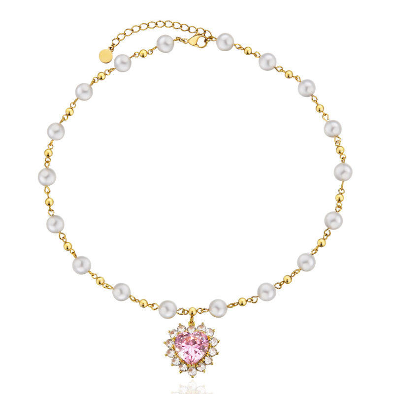 8mm 18in  June Birthstone Diamond Pink Spinel Heart Pendant Pearl Necklace for Women