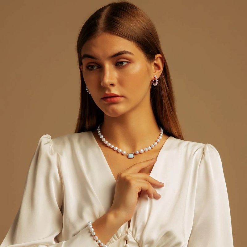 8mm 14in Opal March Birthstone Freshwater Pearl Beaded Necklace