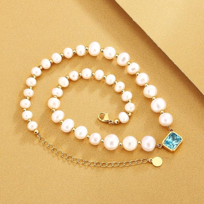 8mm 14in September Birthstone Aqua Blue Diamond Freshwater Pearl Beaded Necklace