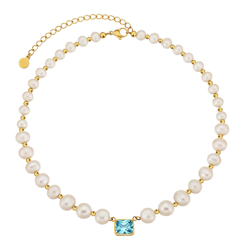 8mm 14in September Birthstone Aqua Blue Diamond Freshwater Pearl Beaded Necklace