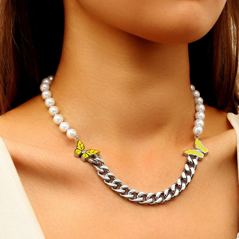 8mm 18in  Pearl Cuban Necklace with Double Butterfly for Women