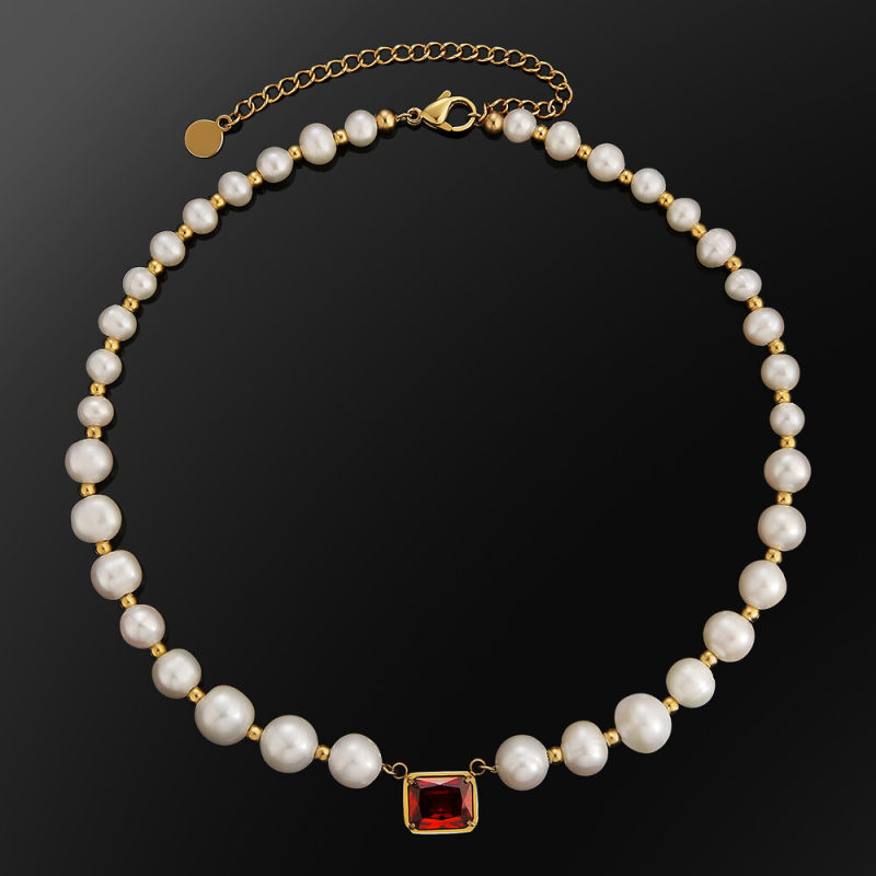 8mm 14+3'' Red Ruby Freshwater Pearl Beaded Necklace