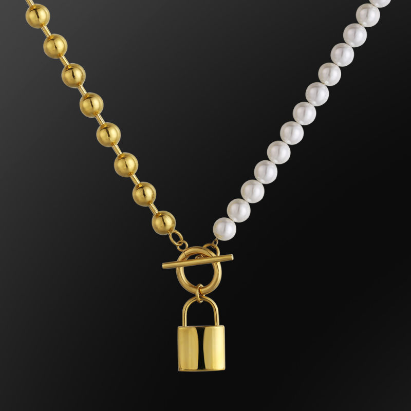 8mm 18in Women Pearl Necklace +Bead Chain with Lock Pendant White Gold/Yellow Gold