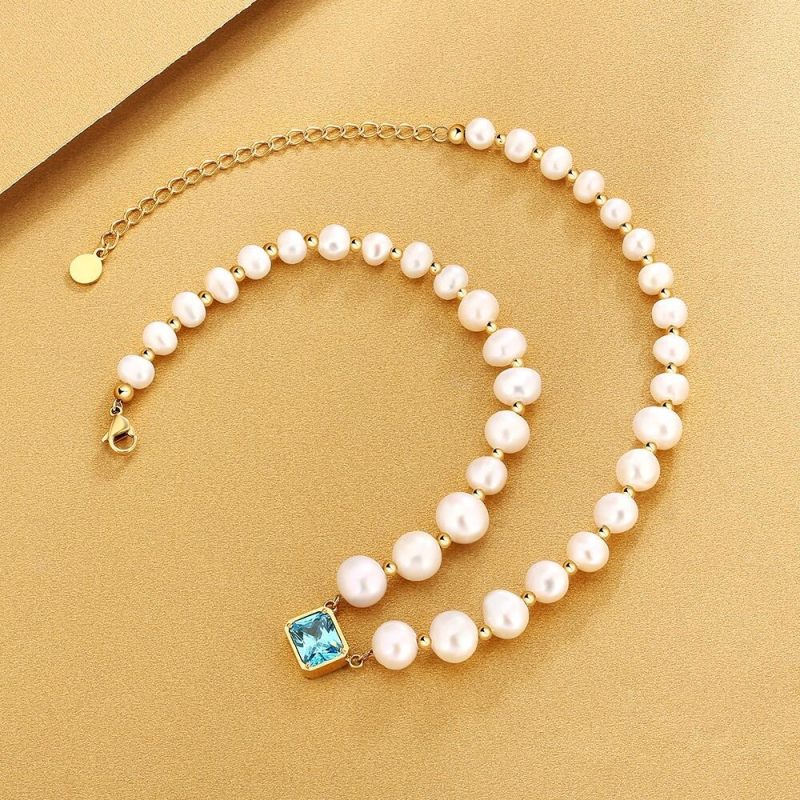 8mm 14in September Birthstone Aqua Blue Diamond Freshwater Pearl Beaded Necklace