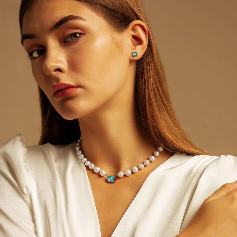 8mm 14in September Birthstone Aqua Blue Diamond Freshwater Pearl Beaded Necklace